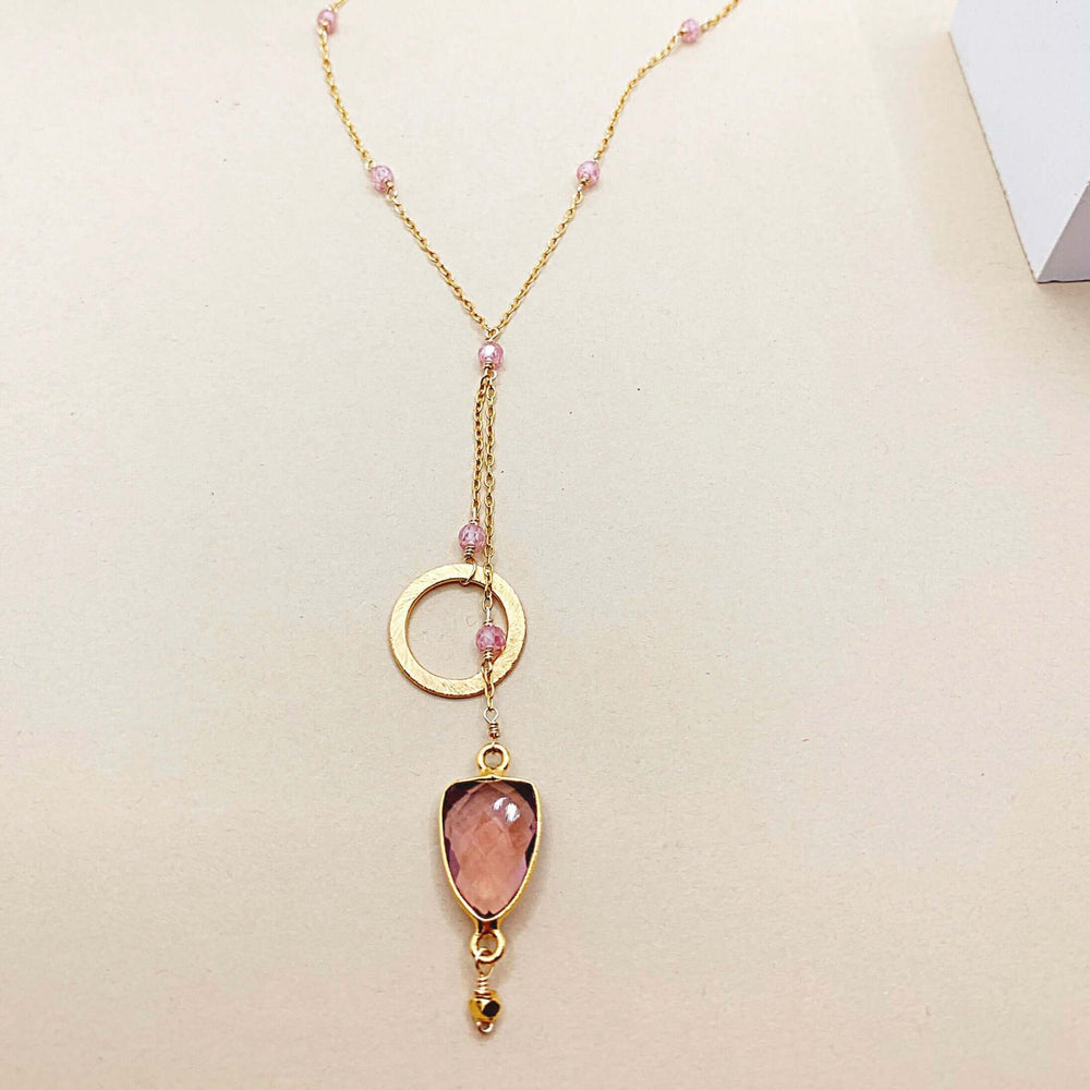 Ballet necklace with a beautiful circle accent and geometric Rhodolite Garnet  gemstones