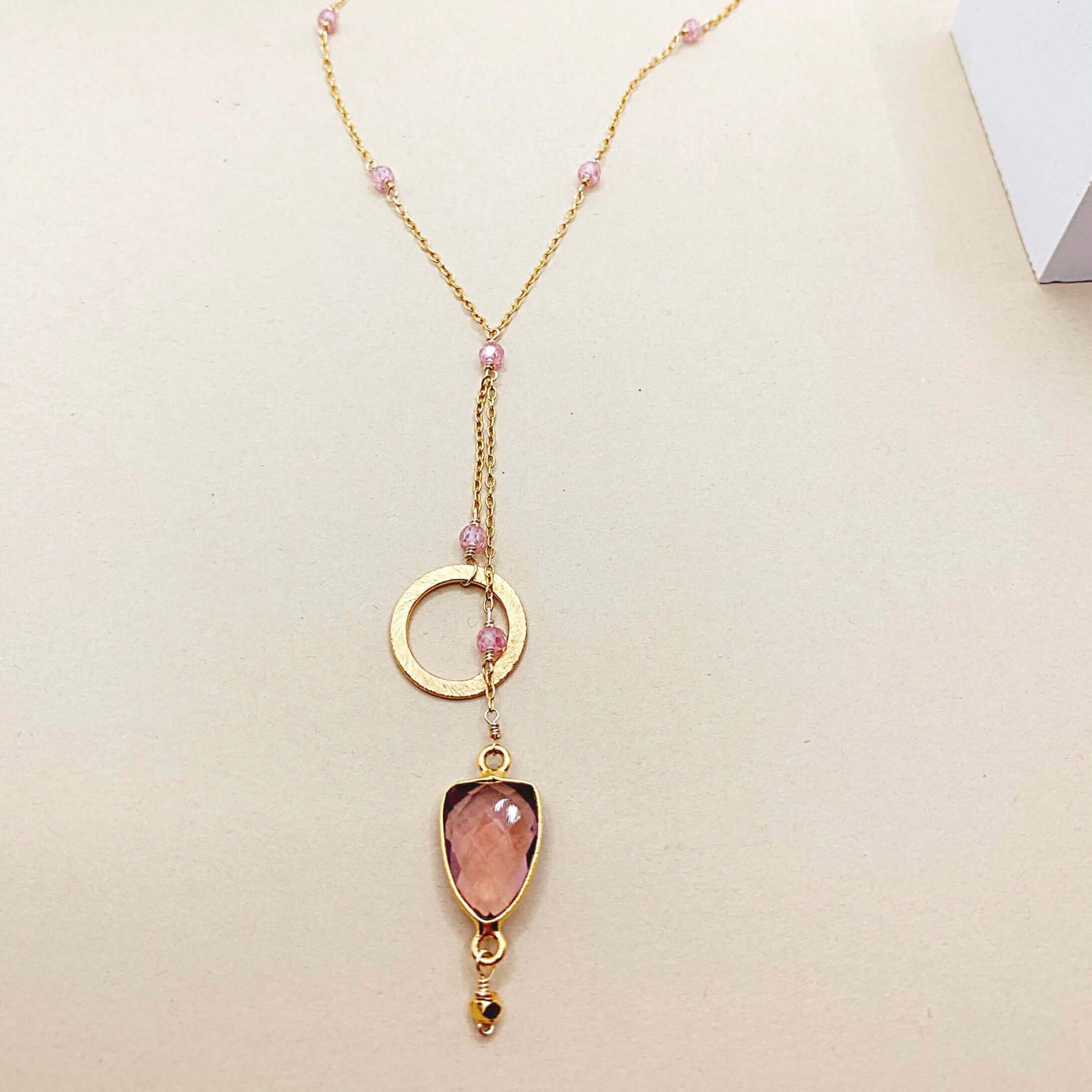 Ballet necklace with a beautiful circle accent and geometric Rhodolite Garnet  gemstones