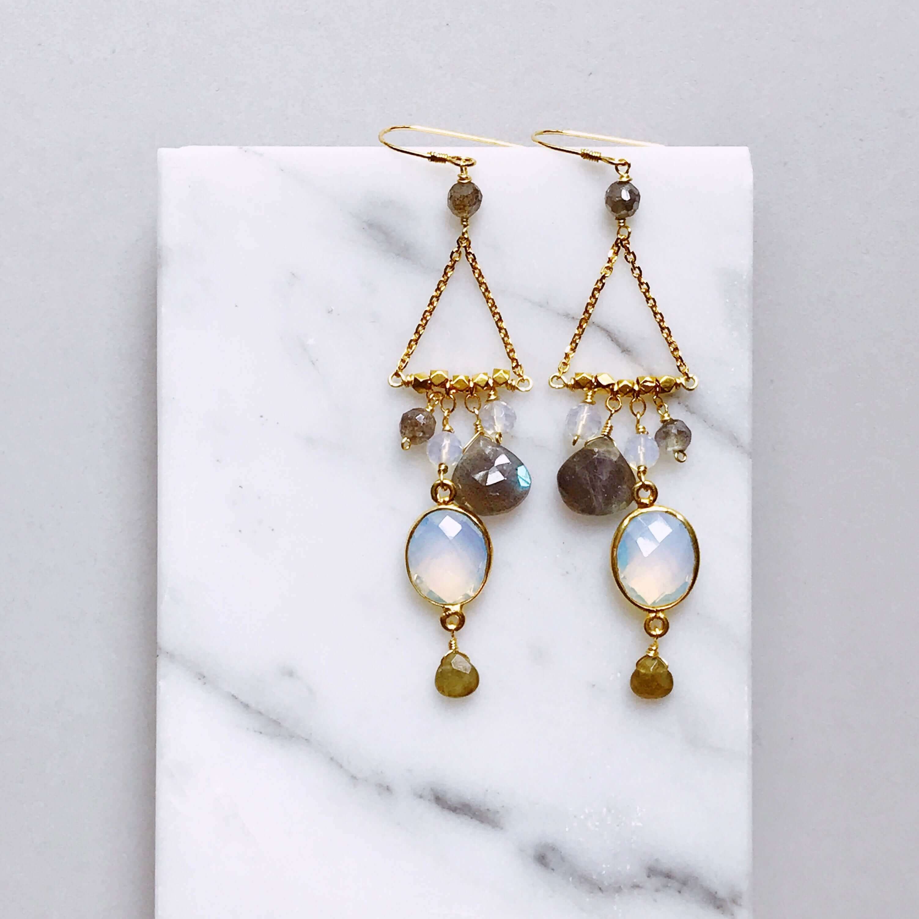 Gold plated Earrings with bezel-set opal quartz gemstones, varied faceted labradorite, and opal quartz accent stones