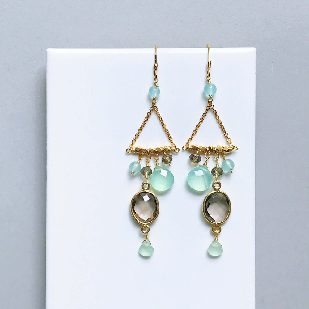 French Hooks, bezel set smoky quartz gemstones surrounded by a variety of faceted aqua chalcedony accent stones Gold pair of Earrings