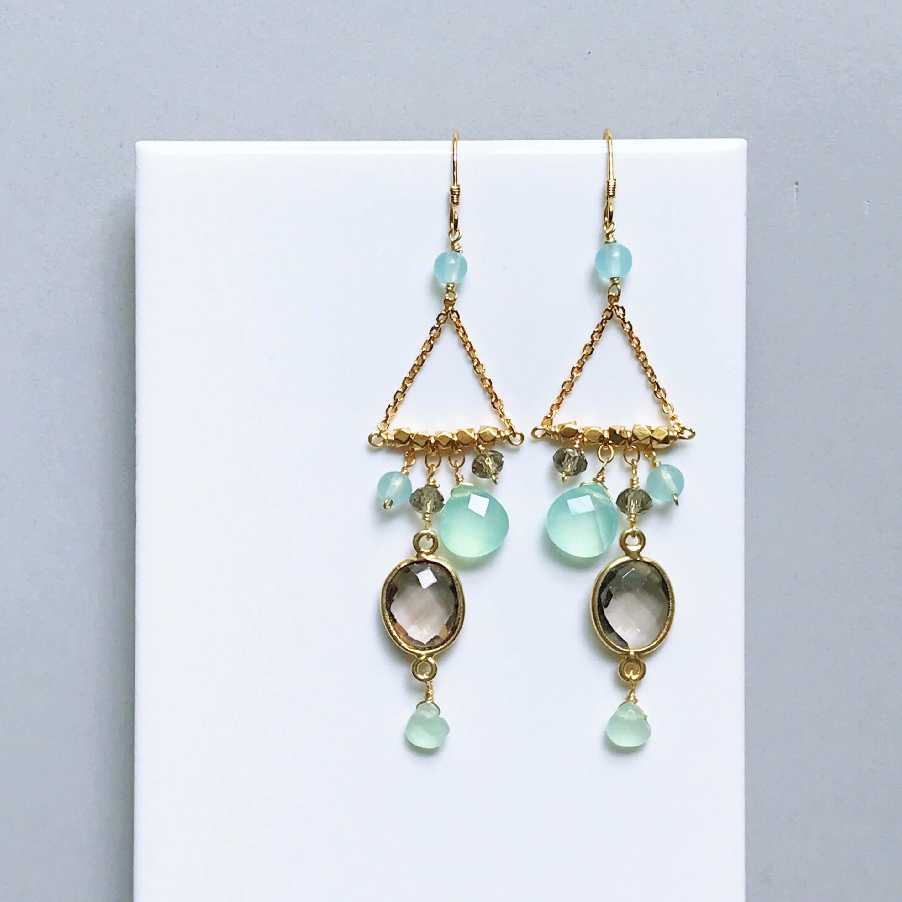French Hooks, bezel set smoky quartz gemstones surrounded by a variety of faceted aqua chalcedony accent stones Gold pair of Earrings
