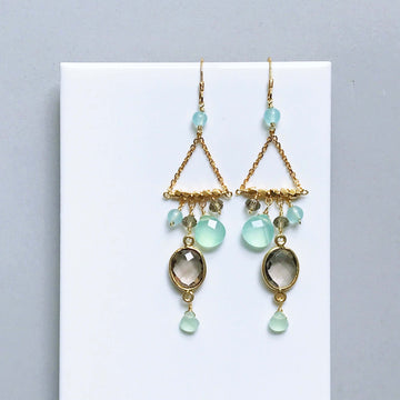 French Hooks, bezel set smoky quartz gemstones surrounded by a variety of faceted aqua chalcedony accent stones Gold pair of Earrings