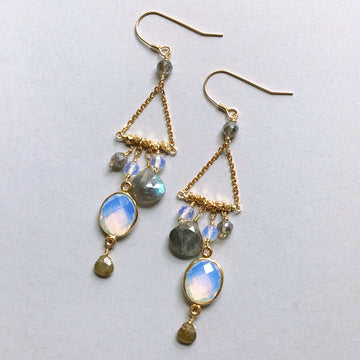 Gold plated Earrings with bezel-set opal quartz gemstones, varied faceted labradorite, and opal quartz accent stones