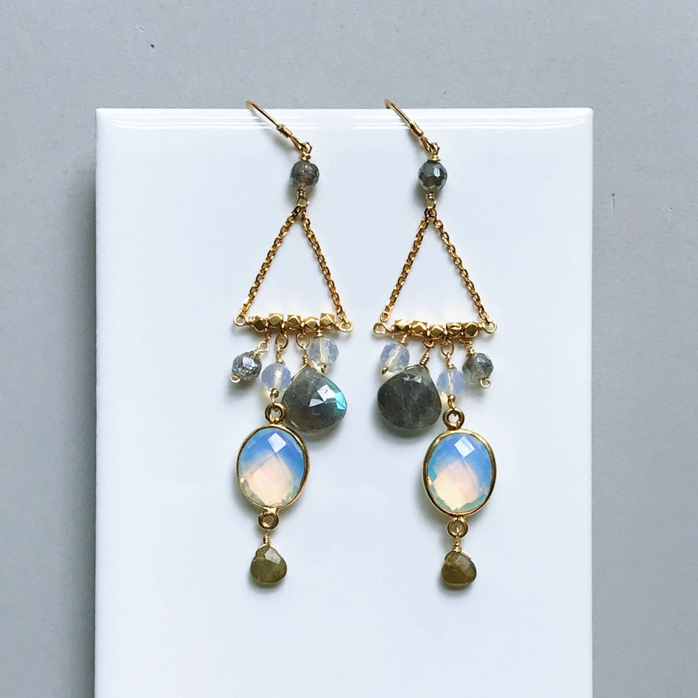 Gold plated Earrings with bezel-set opal quartz gemstones, varied faceted labradorite, and opal quartz accent stones