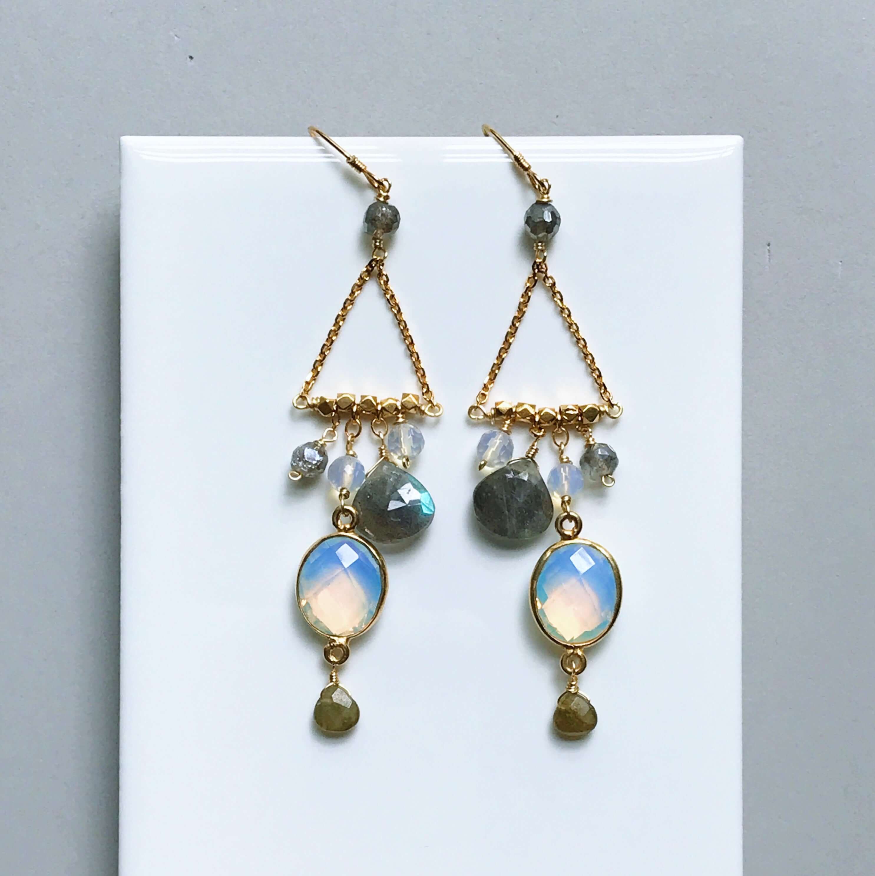 Gold plated Earrings with bezel-set opal quartz gemstones, varied faceted labradorite, and opal quartz accent stones