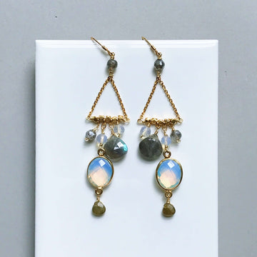 Gold plated Earrings with bezel-set opal quartz gemstones, varied faceted labradorite, and opal quartz accent stones