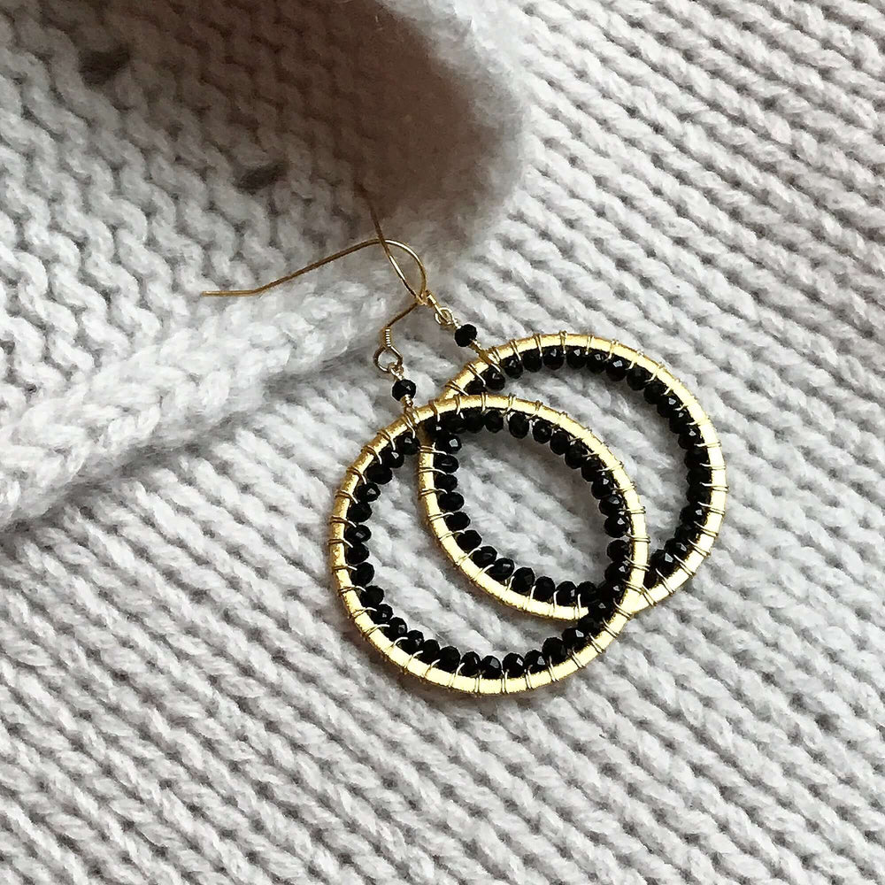 Black Spinel Gold Circle Earrings
