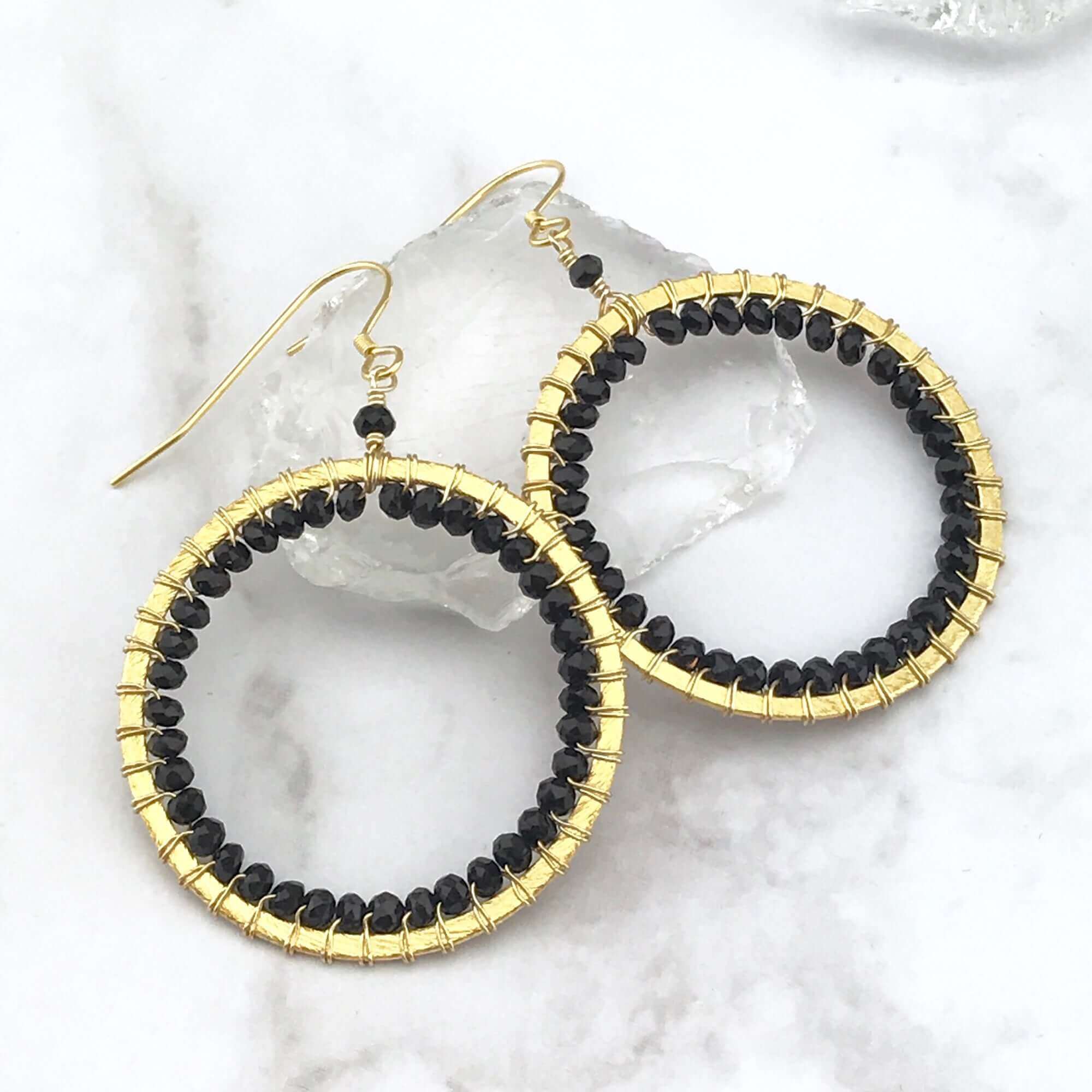 Black Spinel Gold Circle Earrings