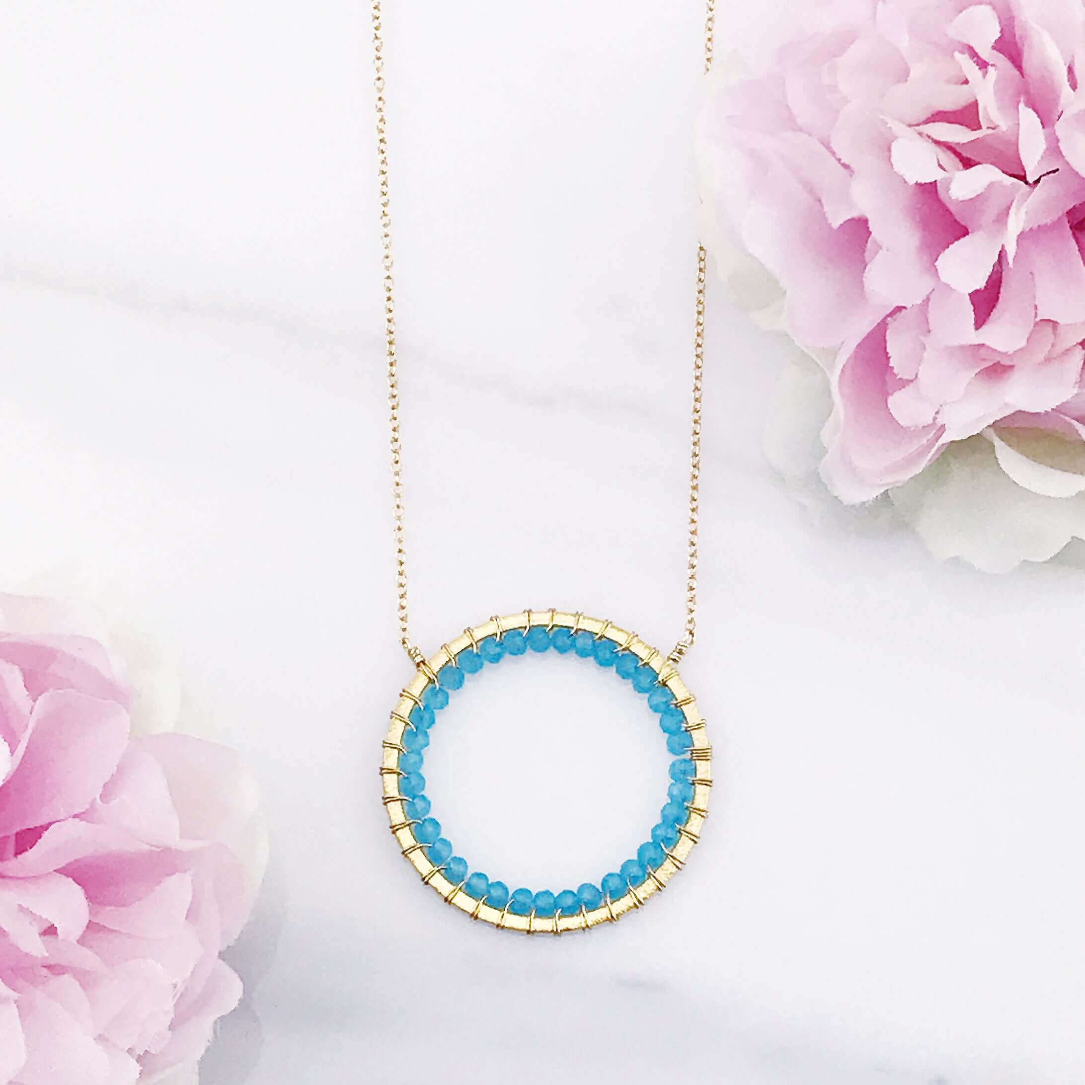 Blue Chalcedony Gold Circle Pendant Necklace