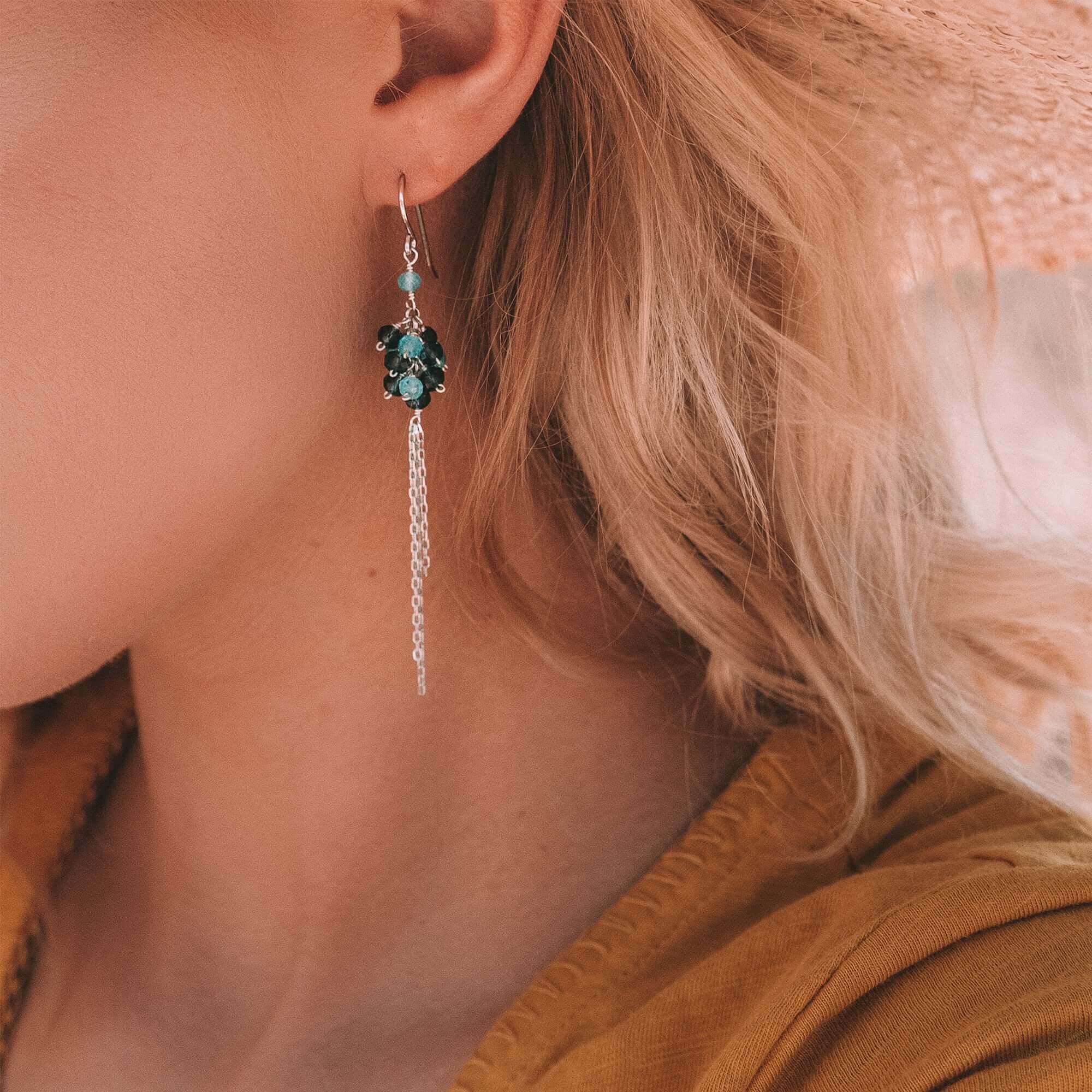 Handmade Rhodium-Plated Drop Earrings with Lolite &  Blue Apatite Gemstones