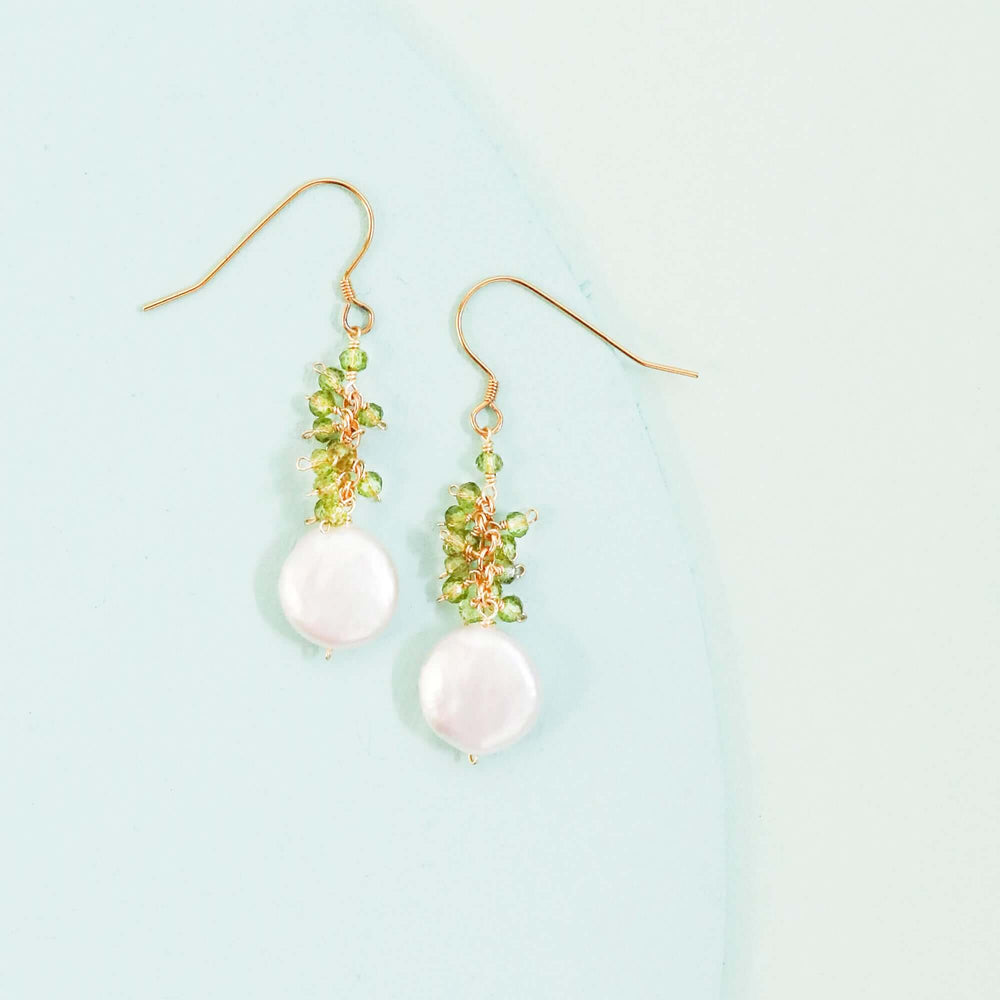 Gold French hook Freshwater coin Pearls and peridot stones dangle earrings