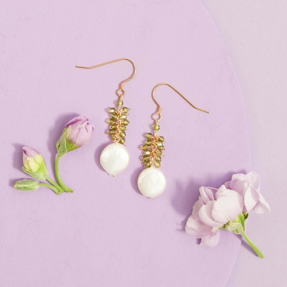 Gold French hook Freshwater coin Pearls and peridot stones dangle earrings