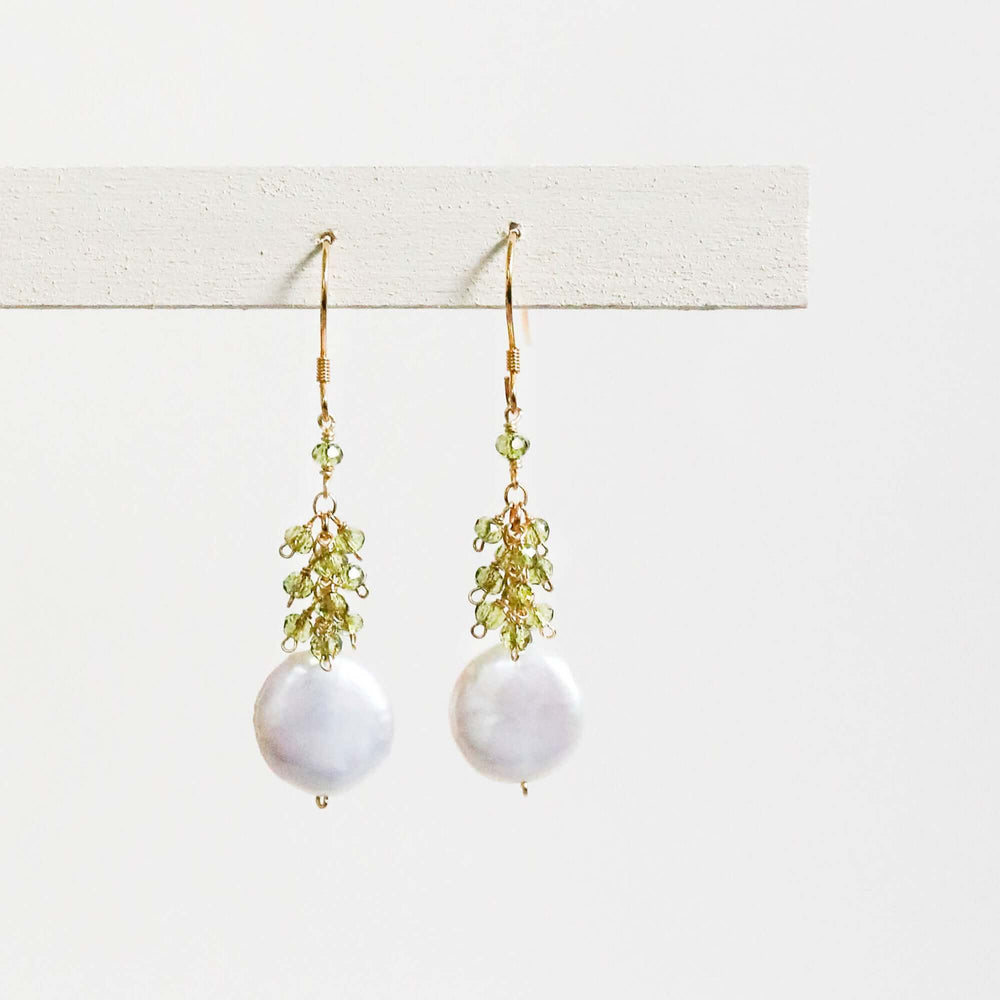 Gold French hook Freshwater coin Pearls and peridot stones dangle earrings