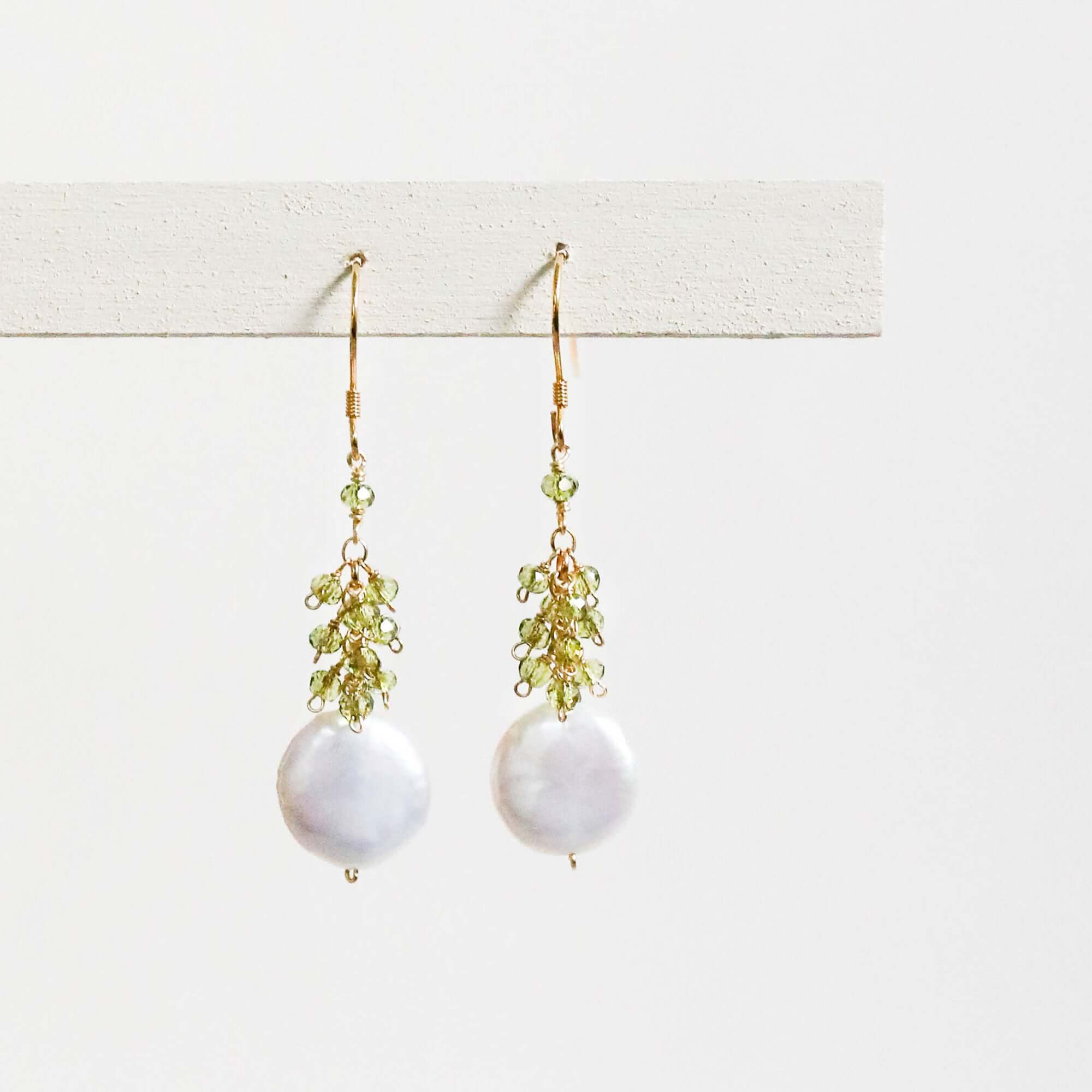 Gold French hook Freshwater coin Pearls and peridot stones dangle earrings