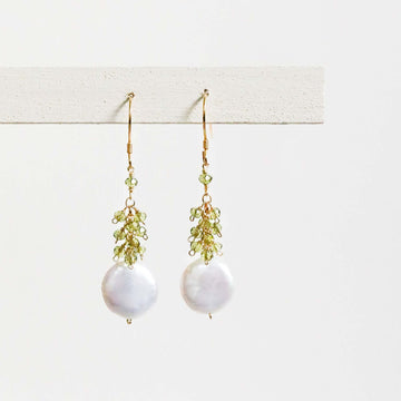 Gold French hook Freshwater coin Pearls and peridot stones dangle earrings