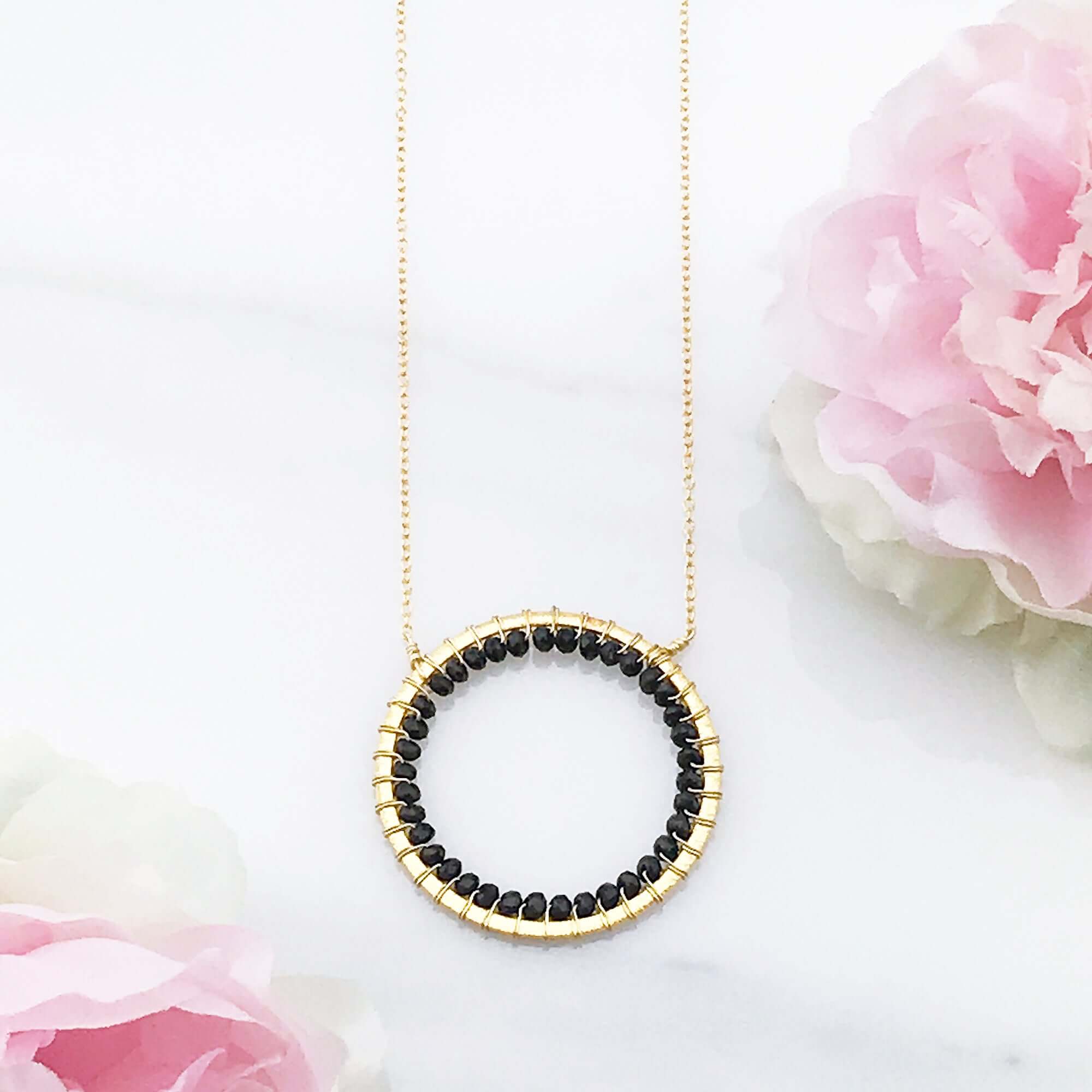 Black Spinel Gold Infinity Circle Necklace