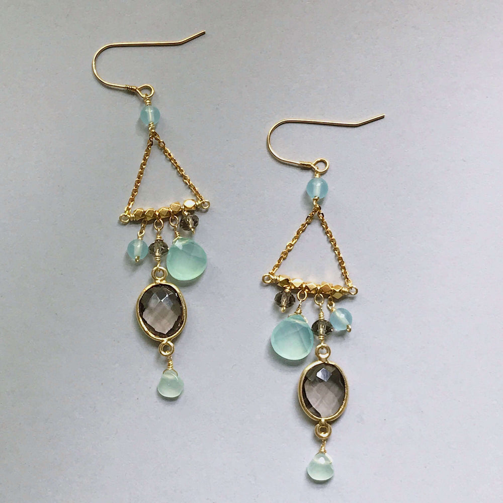 French Hooks, bezel set smoky quartz gemstones surrounded by a variety of faceted aqua chalcedony accent stones Gold pair of Earrings