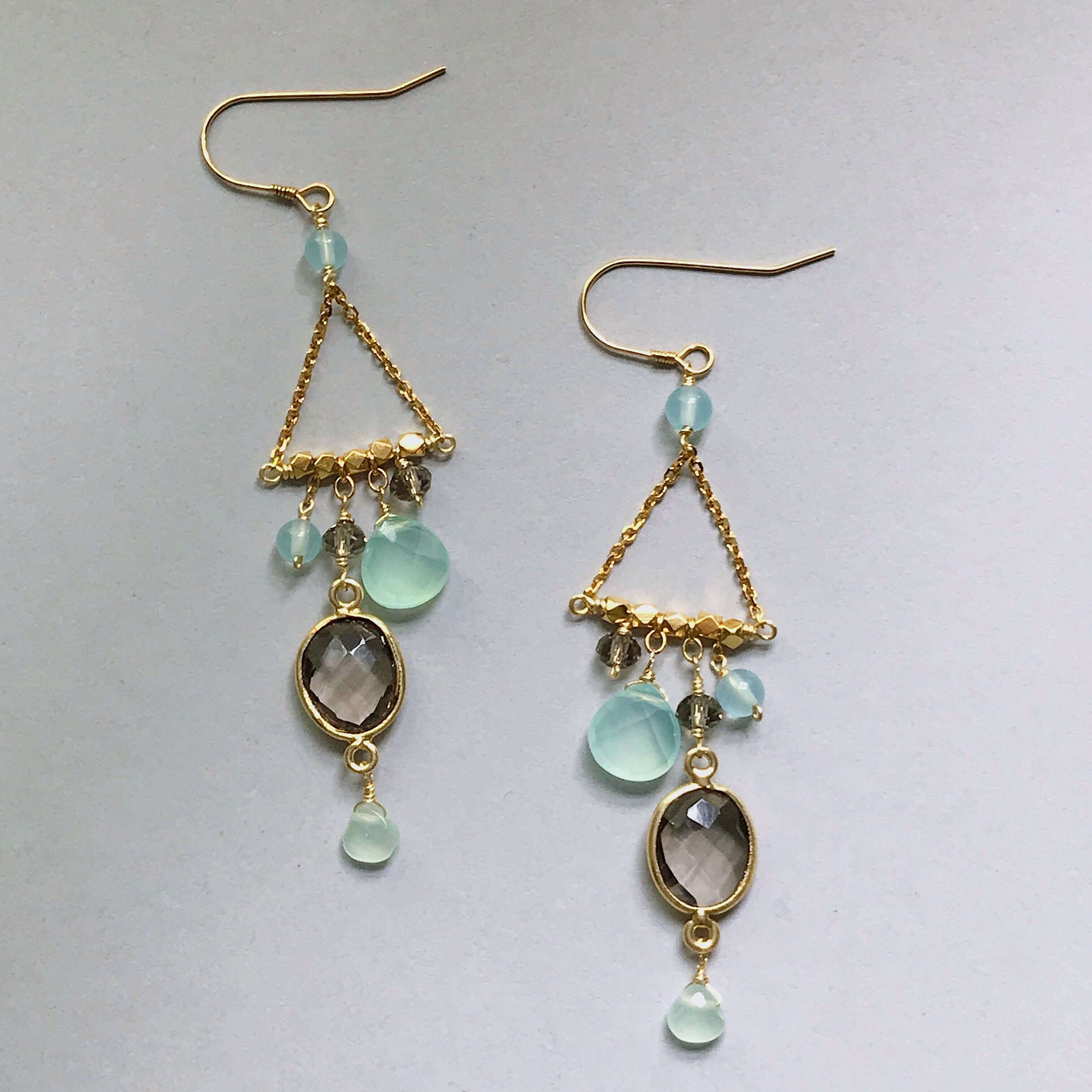 French Hooks, bezel set smoky quartz gemstones surrounded by a variety of faceted aqua chalcedony accent stones Gold pair of Earrings