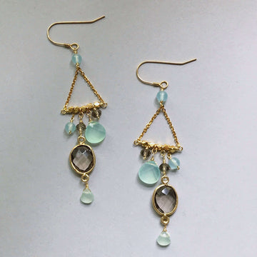 French Hooks, bezel set smoky quartz gemstones surrounded by a variety of faceted aqua chalcedony accent stones Gold pair of Earrings
