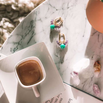 Chrysoprase and Amethyst Earrings - Vibrant Sea Green and Sparkling Purple Hues