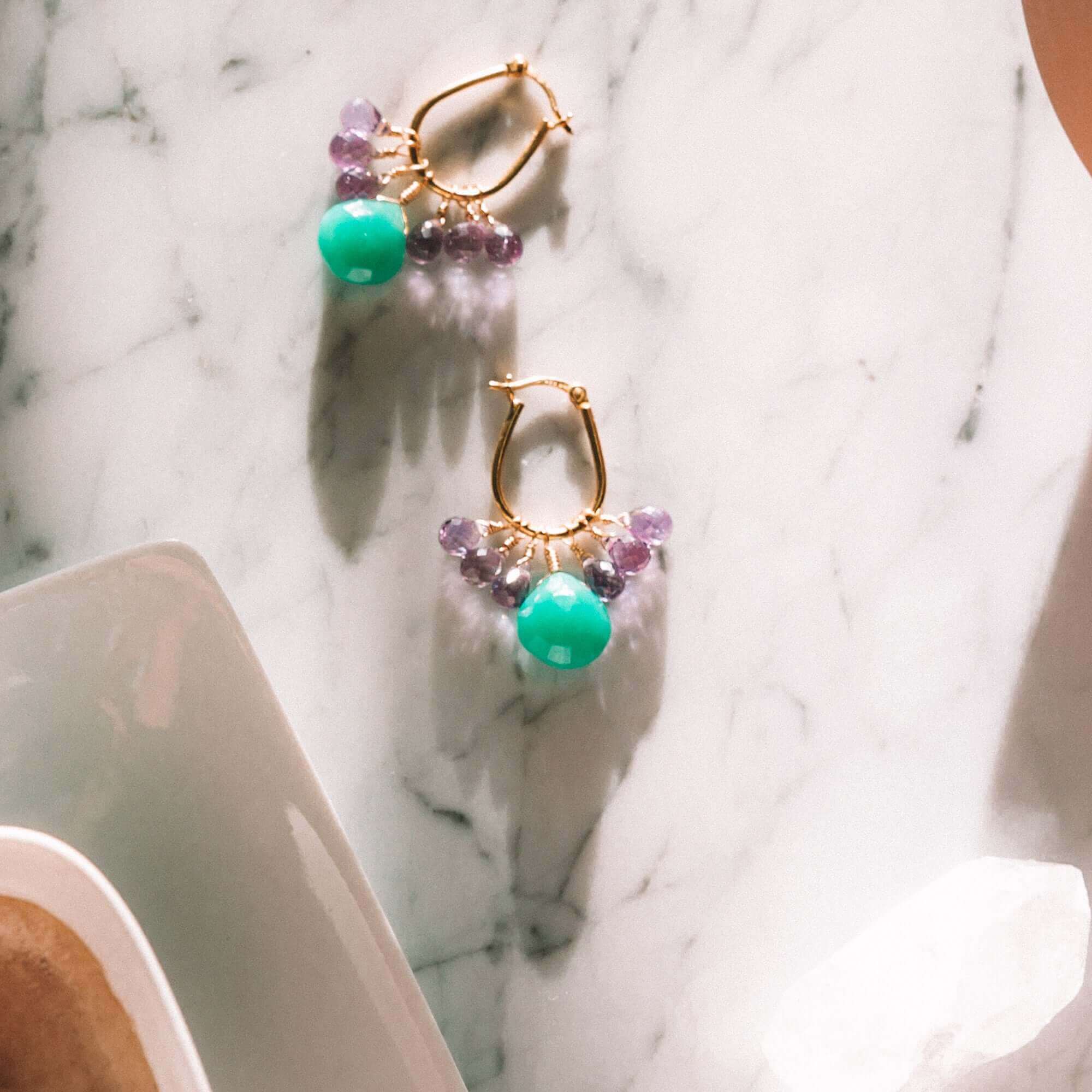 Chrysoprase and Amethyst Earrings - Vibrant Sea Green and Sparkling Purple Hues