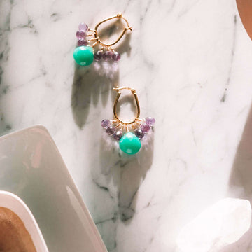 Chrysoprase and Amethyst Earrings - Vibrant Sea Green and Sparkling Purple Hues