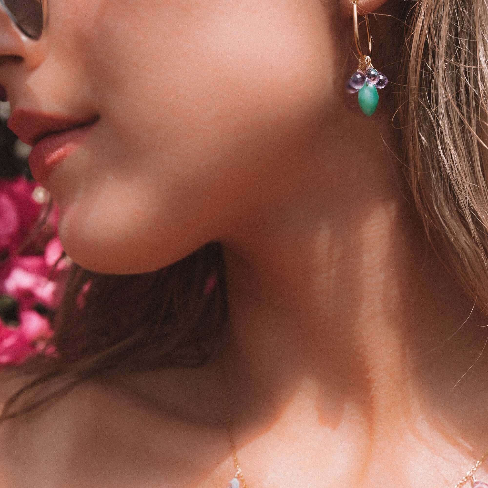 Chrysoprase and Amethyst Earrings - Vibrant Sea Green and Sparkling Purple Hues