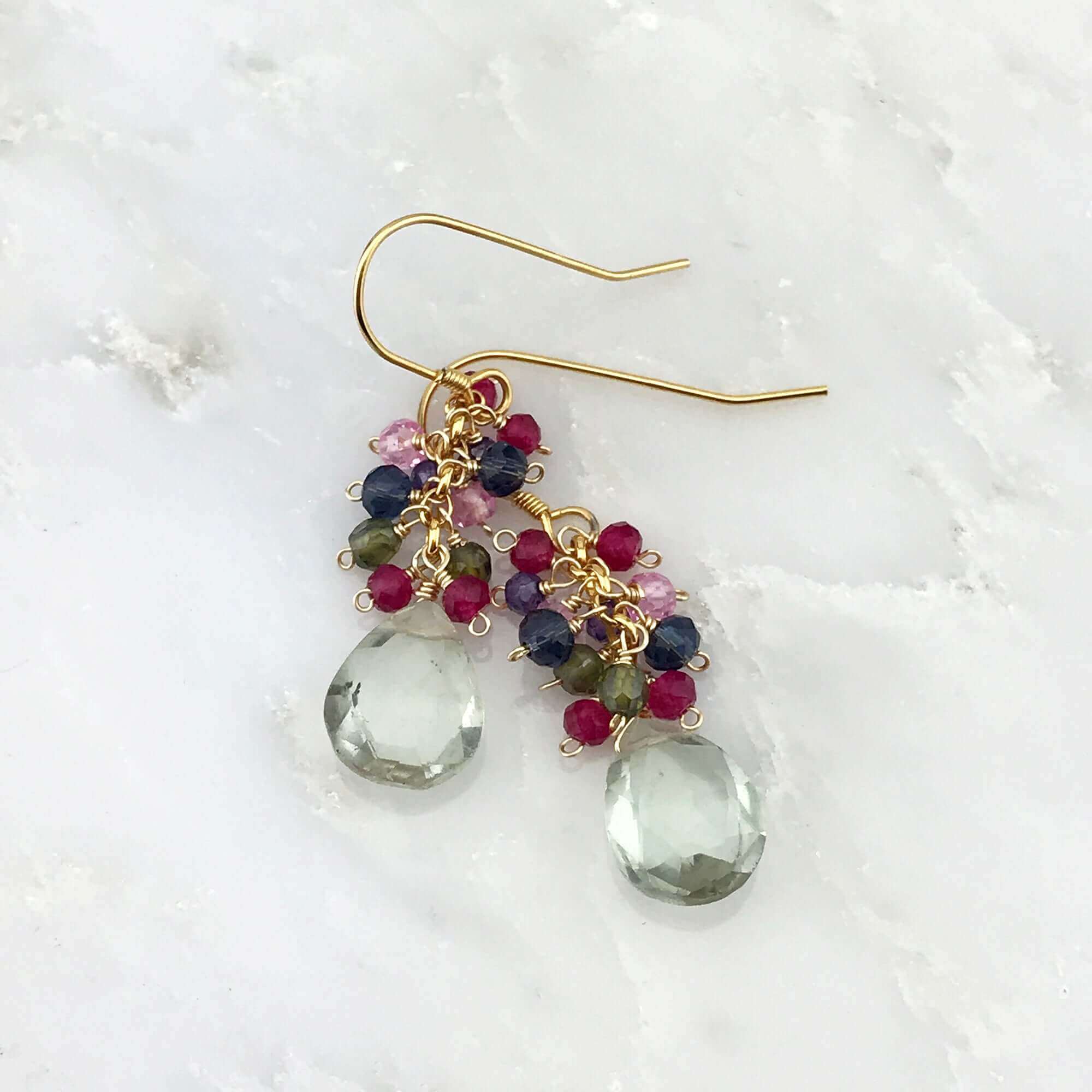 Gold Dangle Earrings Featuring Green Amethyst and Precious Stones