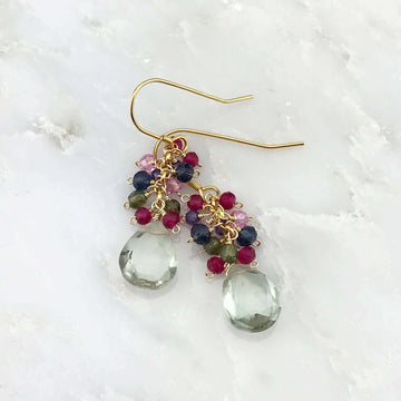 Gold Dangle Earrings Featuring Green Amethyst and Precious Stones