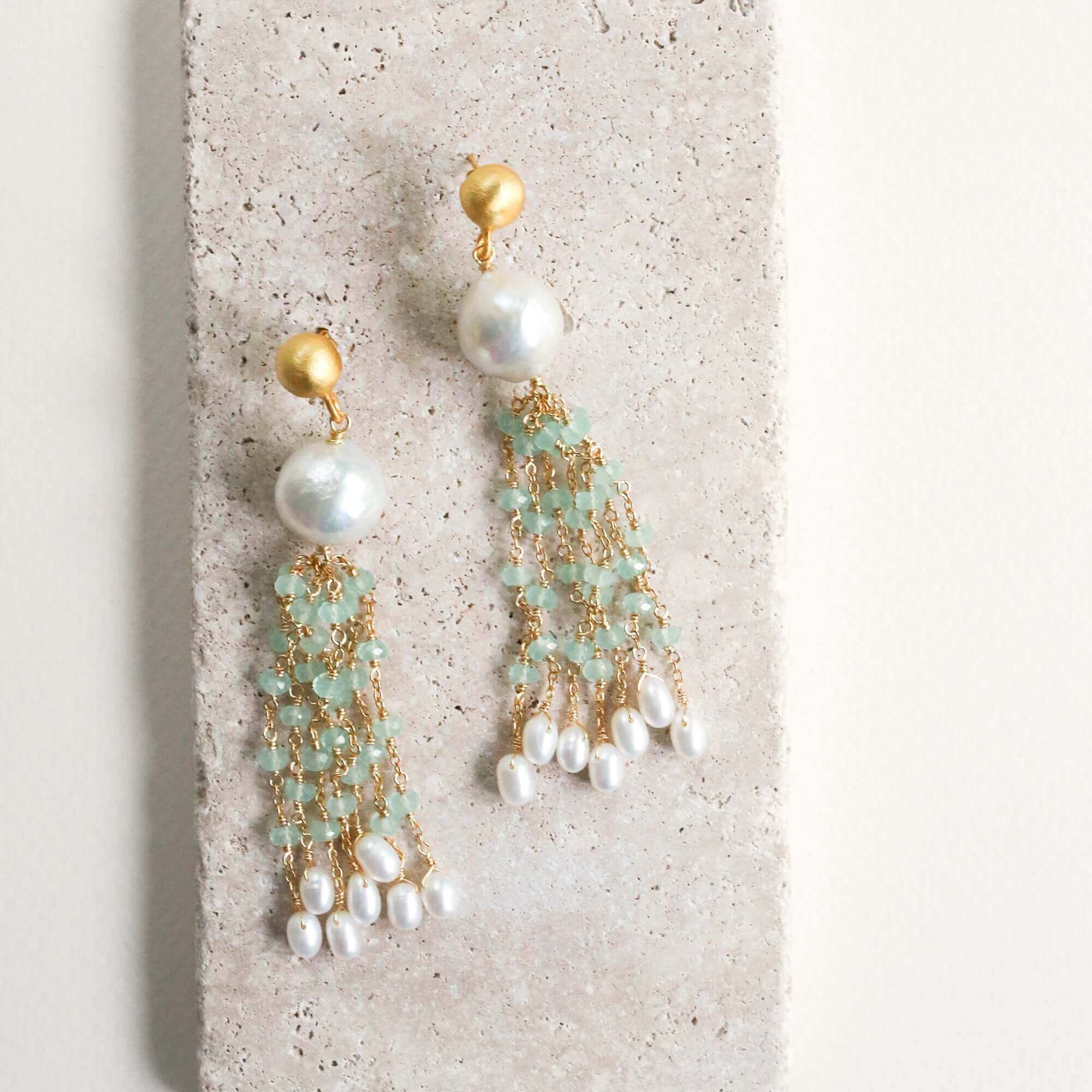 Freshwater baroque pearls, aqua chalcedony and bead pearls Tassel Earrings in Gold plated Italian Silver