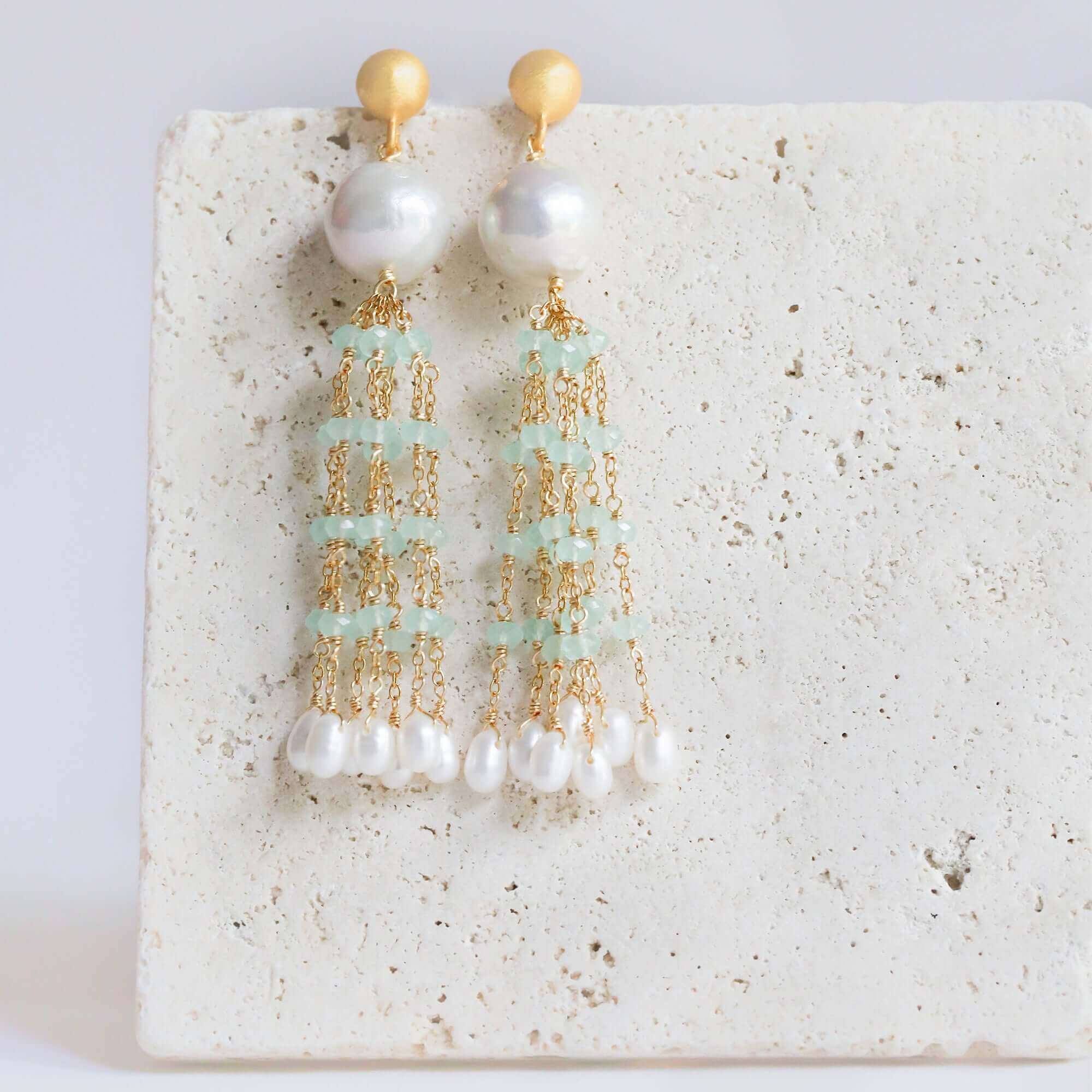 Freshwater baroque pearls, aqua chalcedony and bead pearls Tassel Earrings in Gold plated Italian Silver