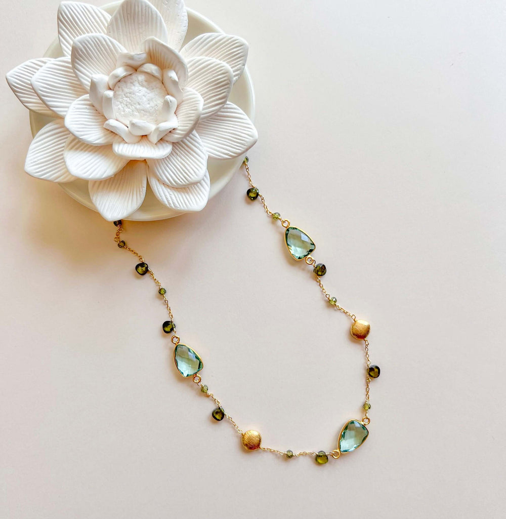 Exquisite Green Amethyst Gold Bezel Necklace with Forest Green Peridot Accents.