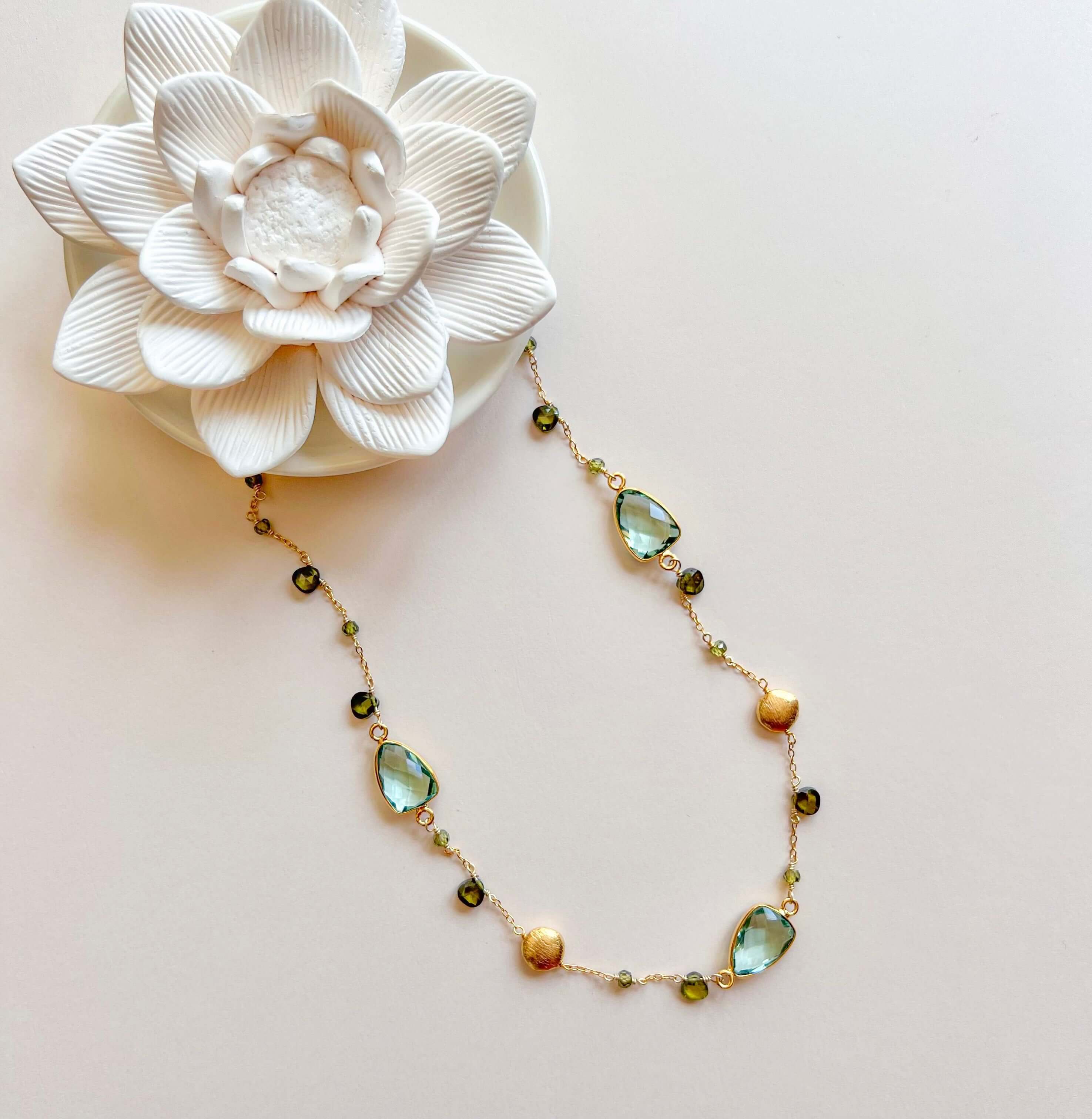 Exquisite Green Amethyst Gold Bezel Necklace with Forest Green Peridot Accents.