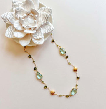 Exquisite Green Amethyst Gold Bezel Necklace with Forest Green Peridot Accents.