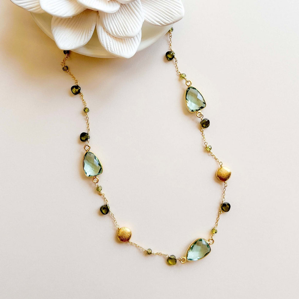 Exquisite Green Amethyst Gold Bezel Necklace with Forest Green Peridot Accents.