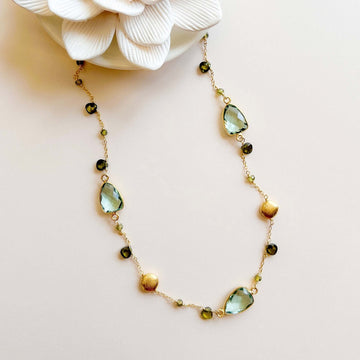 Exquisite Green Amethyst Gold Bezel Necklace with Forest Green Peridot Accents.