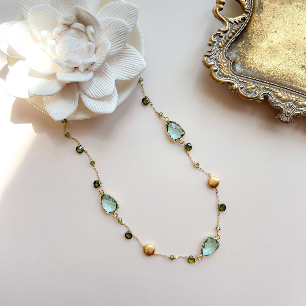 Exquisite Green Amethyst Gold Bezel Necklace with Forest Green Peridot Accents.
