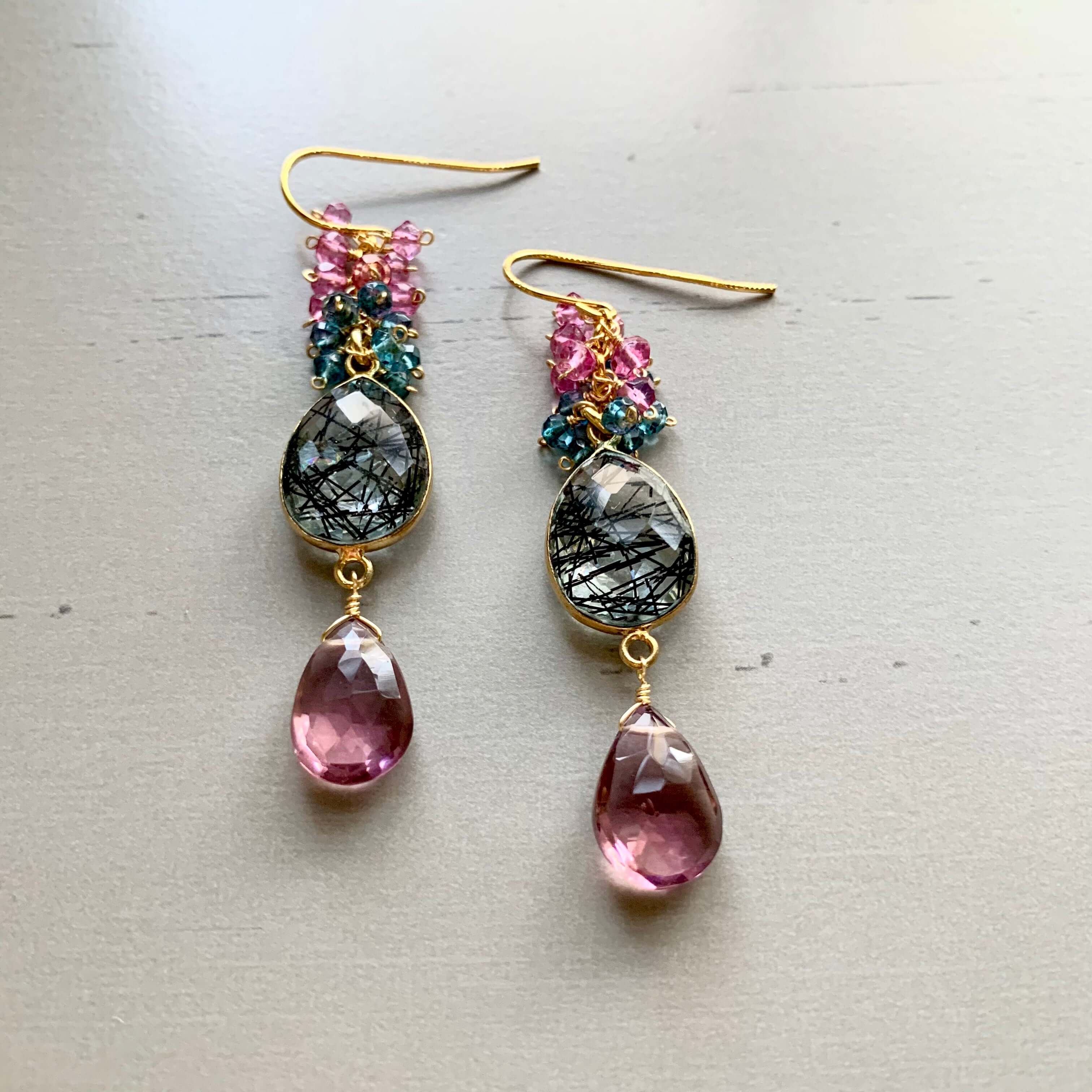 Long gemstone Drop earrings  with dazzling pink rhodolite garnet gems and black rutilated quartz bezel stones