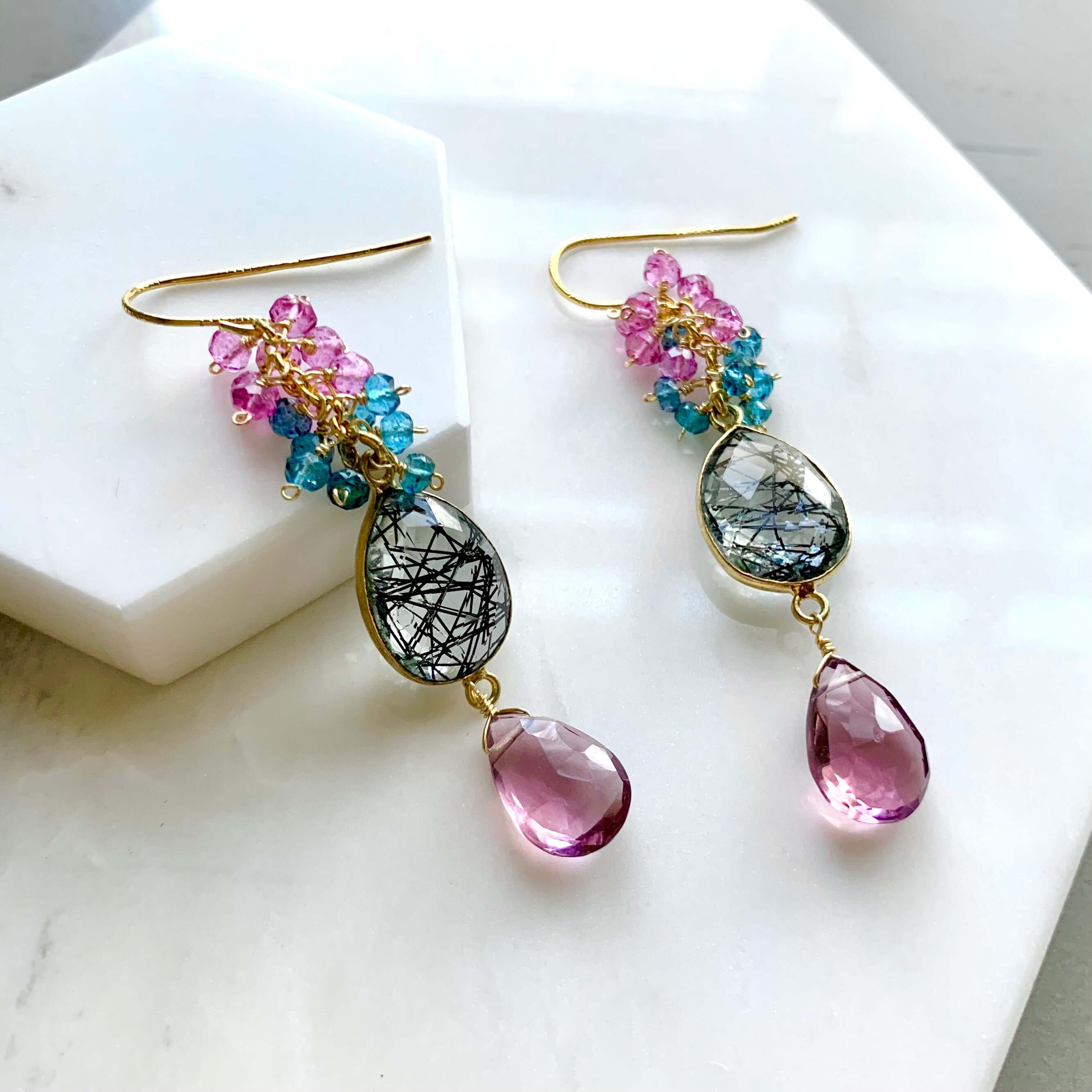 Long gemstone Drop earrings  with dazzling pink rhodolite garnet gems and black rutilated quartz bezel stones