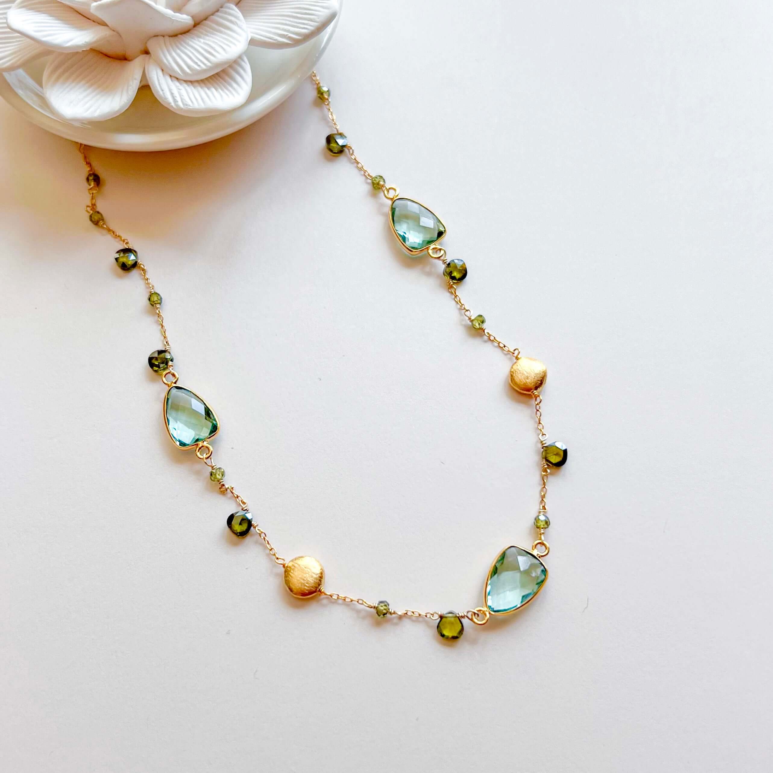 Exquisite Green Amethyst Gold Bezel Necklace with Forest Green Peridot Accents.