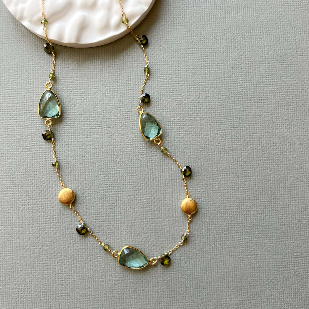 Exquisite Green Amethyst Gold Bezel Necklace with Forest Green Peridot Accents.
