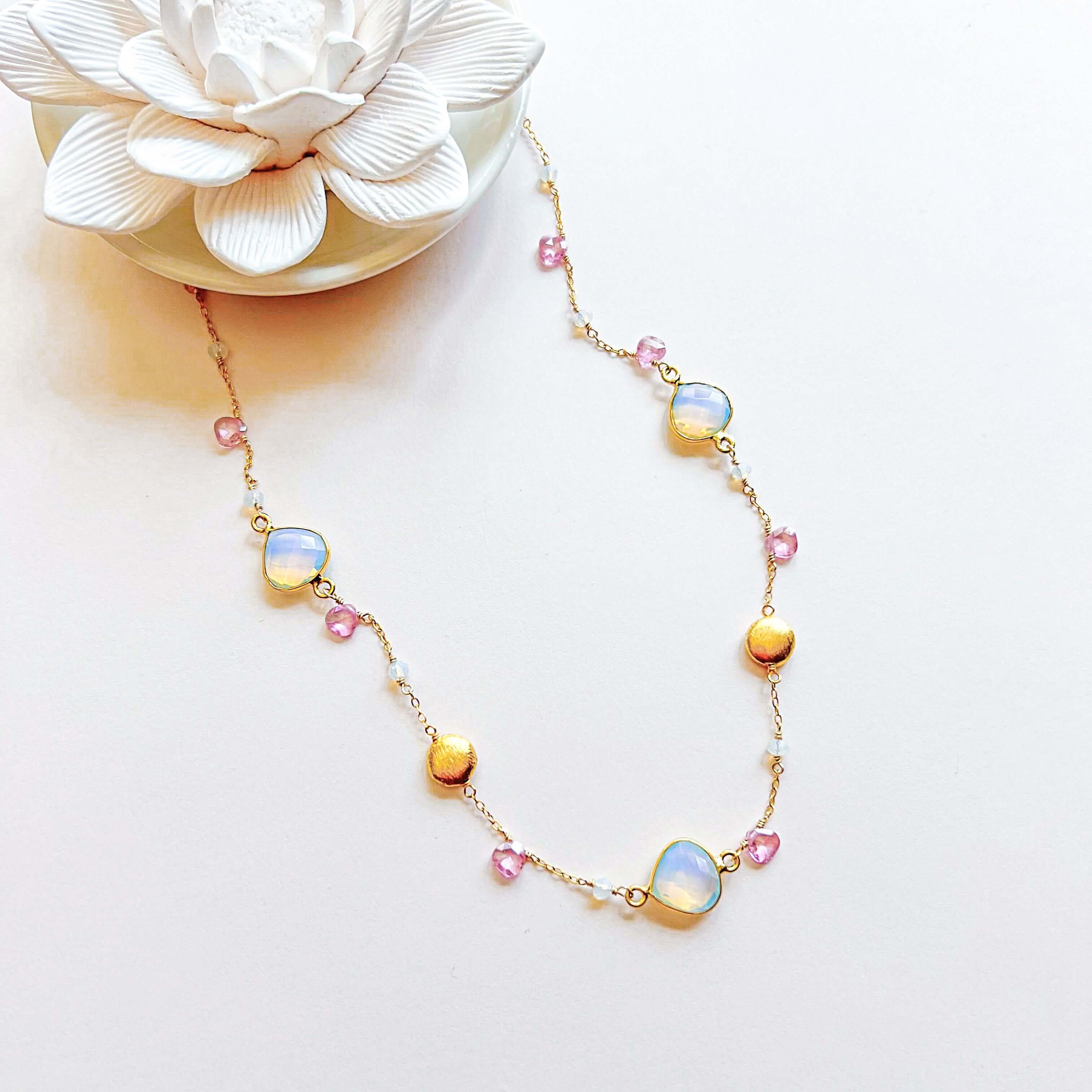 Opal Quartz Gold Bezel Chain, handcrafted with 14k gold plated fine Italian silver, opal quartz bezel gemstones, and pink tourmaline accent stones.