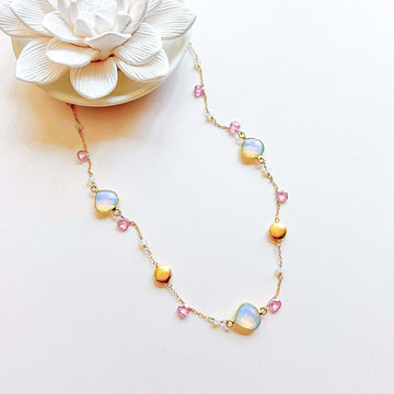 Opal Quartz Gold Bezel Chain, handcrafted with 14k gold plated fine Italian silver, opal quartz bezel gemstones, and pink tourmaline accent stones.