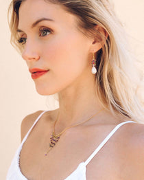  Unique Fringe Necklace with Peridot, Amethyst, Garnet & Iolite gemstones and Earrings with White Chalcedony and a cluster of rainbow gemstones