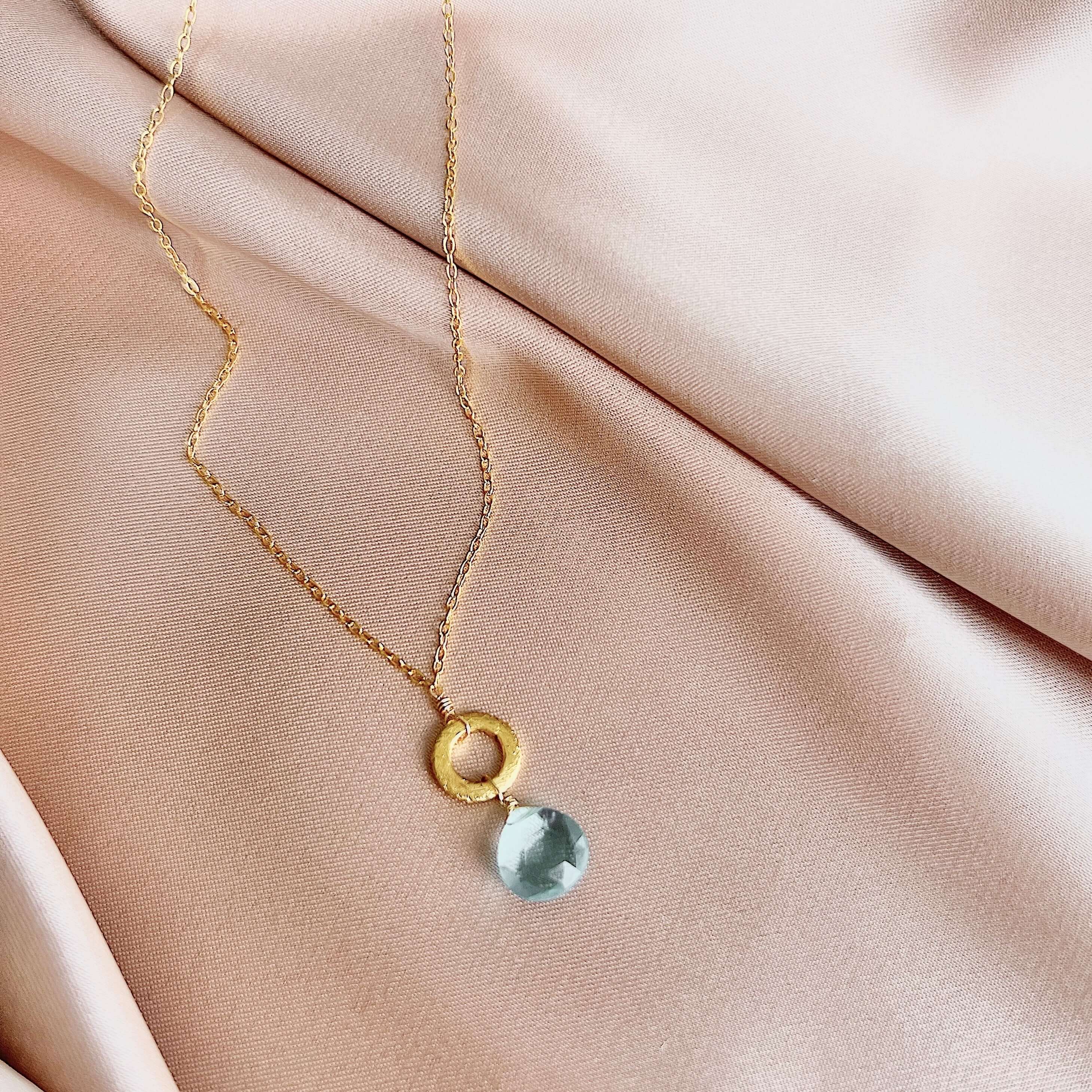 Aquamarine quartz layering chain: 14k gold plated, 16"-18" length, unique stone, on satin pink cloth