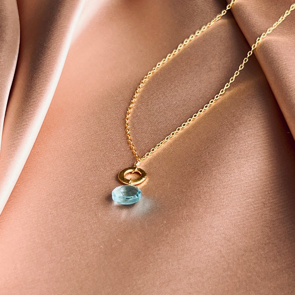 Aquamarine quartz layering chain: 14k gold plated, 16"-18" length, unique stone, on satin pink cloth