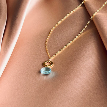 Aquamarine quartz layering chain: 14k gold plated, 16"-18" length, unique stone, on satin pink cloth