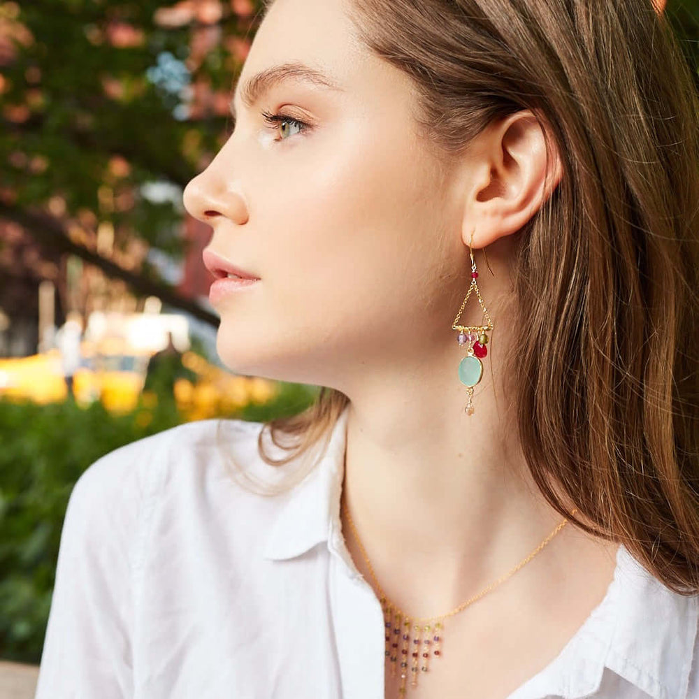 Bezel set blue chalcedony gemstones surrounded by faceted ruby quartz, peridot, amethyst and citrine accent stones Gold  Earrings 