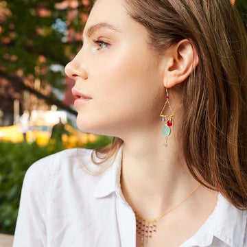 Bezel set blue chalcedony gemstones surrounded by faceted ruby quartz, peridot, amethyst and citrine accent stones Gold  Earrings 