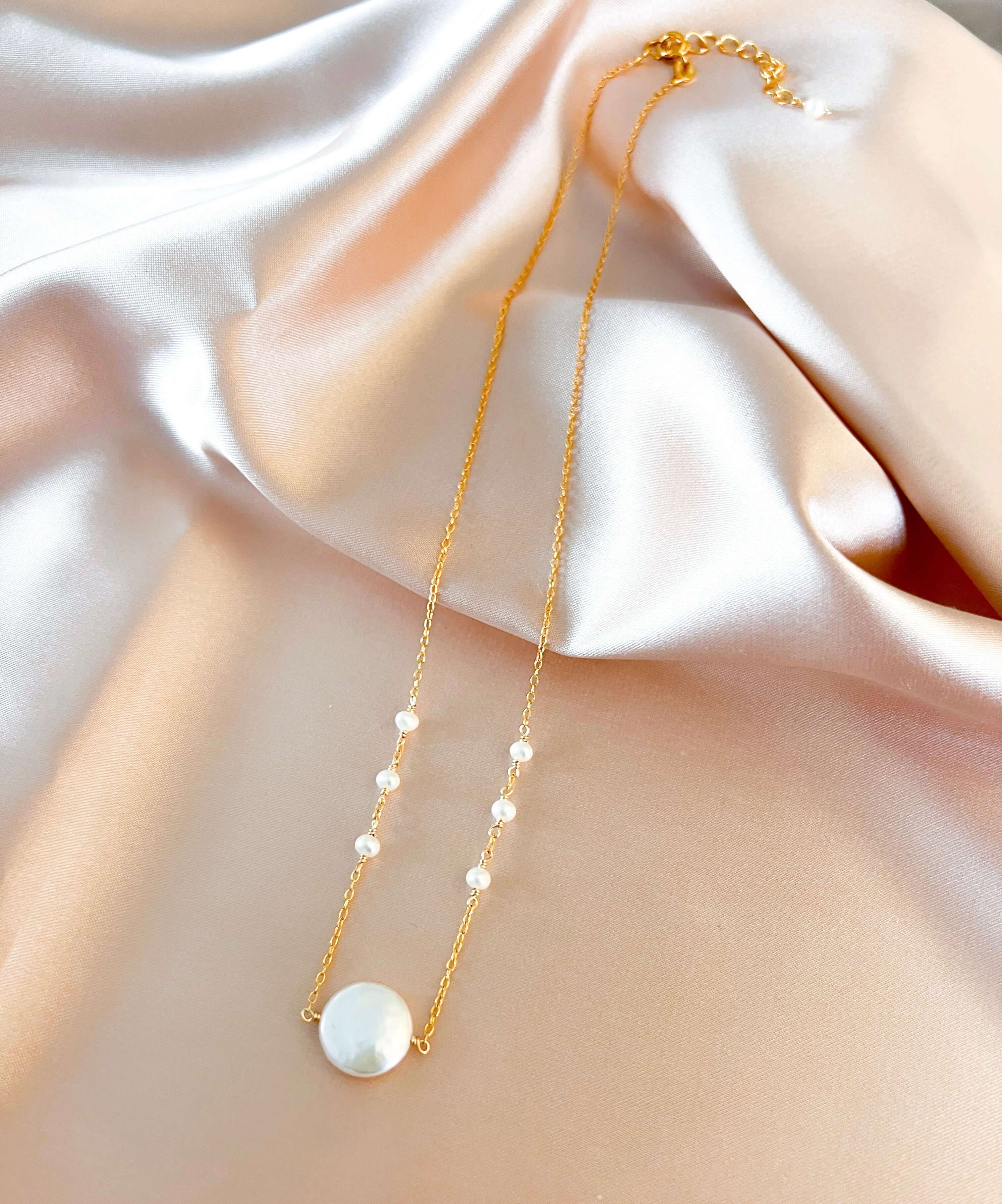Lustrous Round Freshwater Coin Pearl Necklace in 14k Gold-Plated Chain